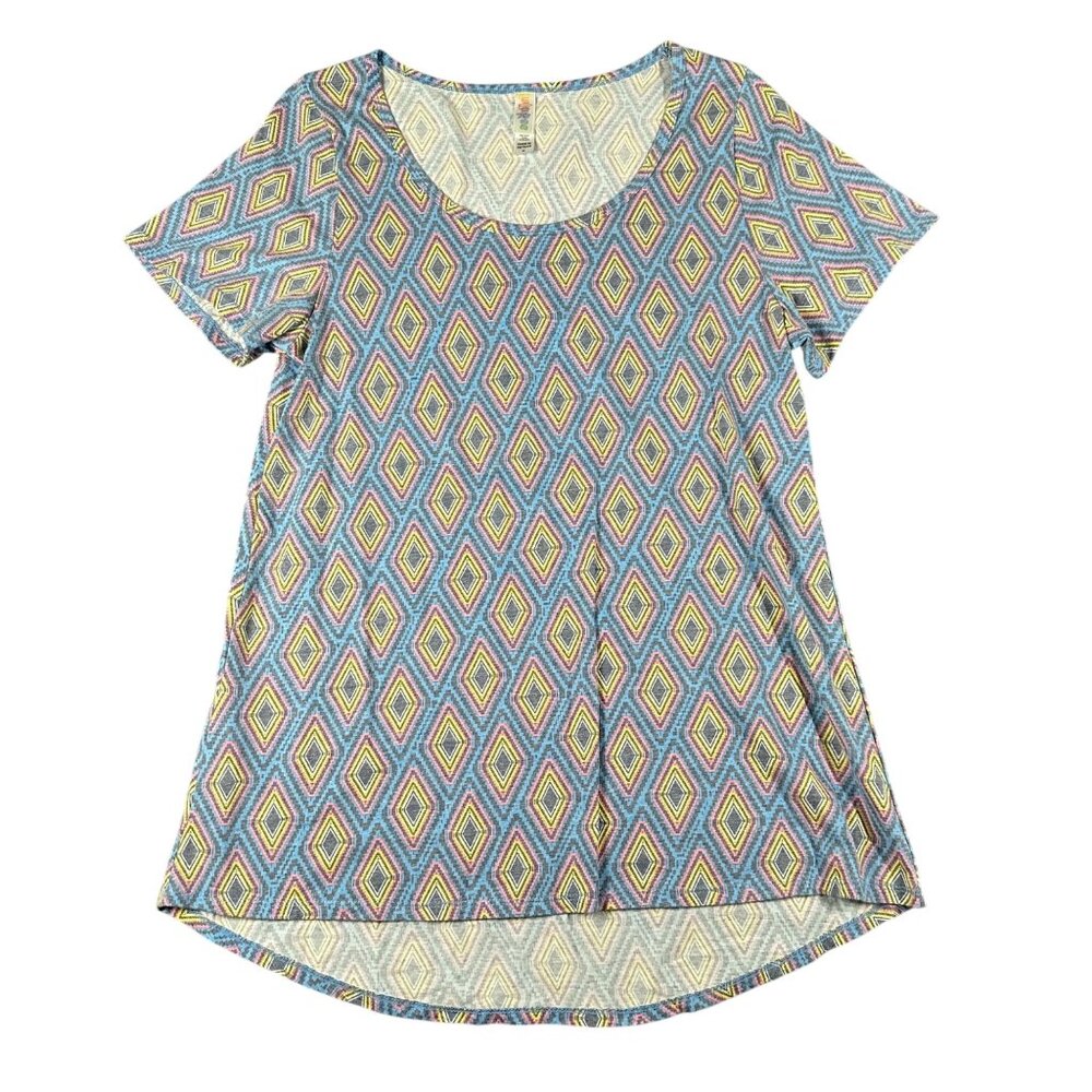 LulaRoe Womens Medium Blue Diamonds Classic‎ T Shirt Scoop Neck Short Sleeve